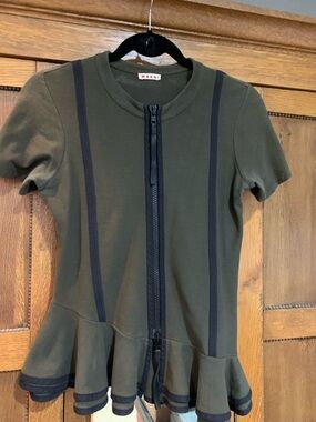 Marni Olive Green Short Sleeve Peplum Zip-Up Top with Black Trim